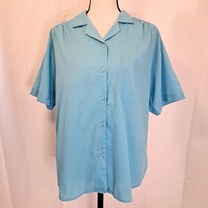 Vintage 70s 80s G Willker Cotton Turquoise Blue Button Up Short Sleeve Shirt L